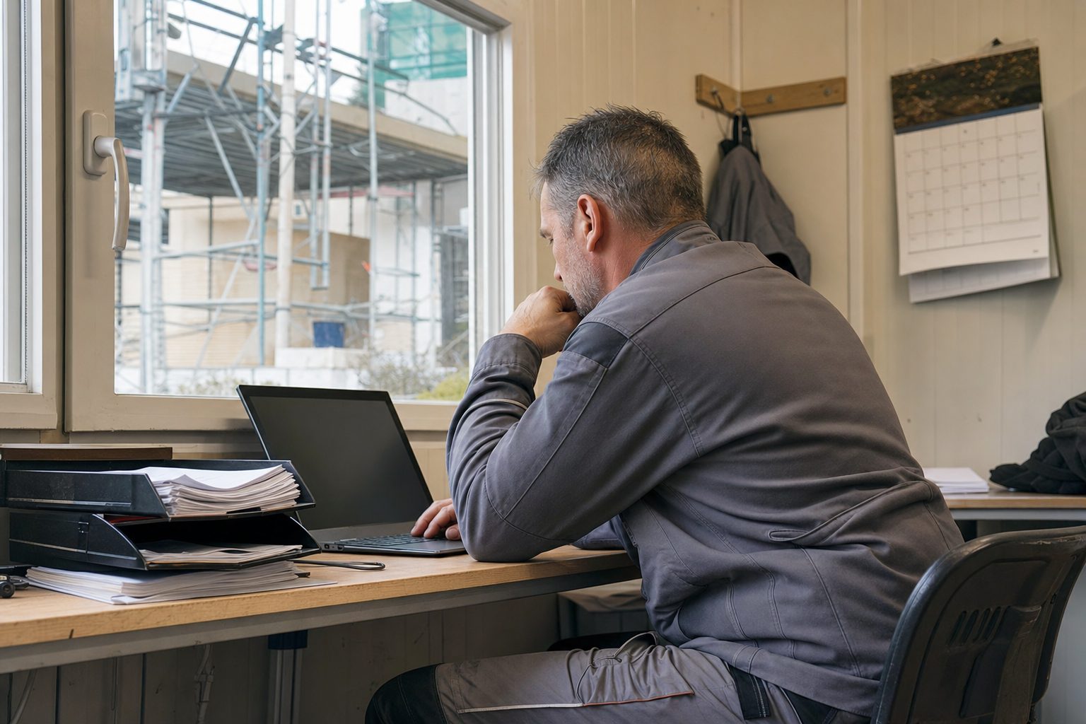 Elektromeister im Baucontainer prüft Rechnungen am Laptop