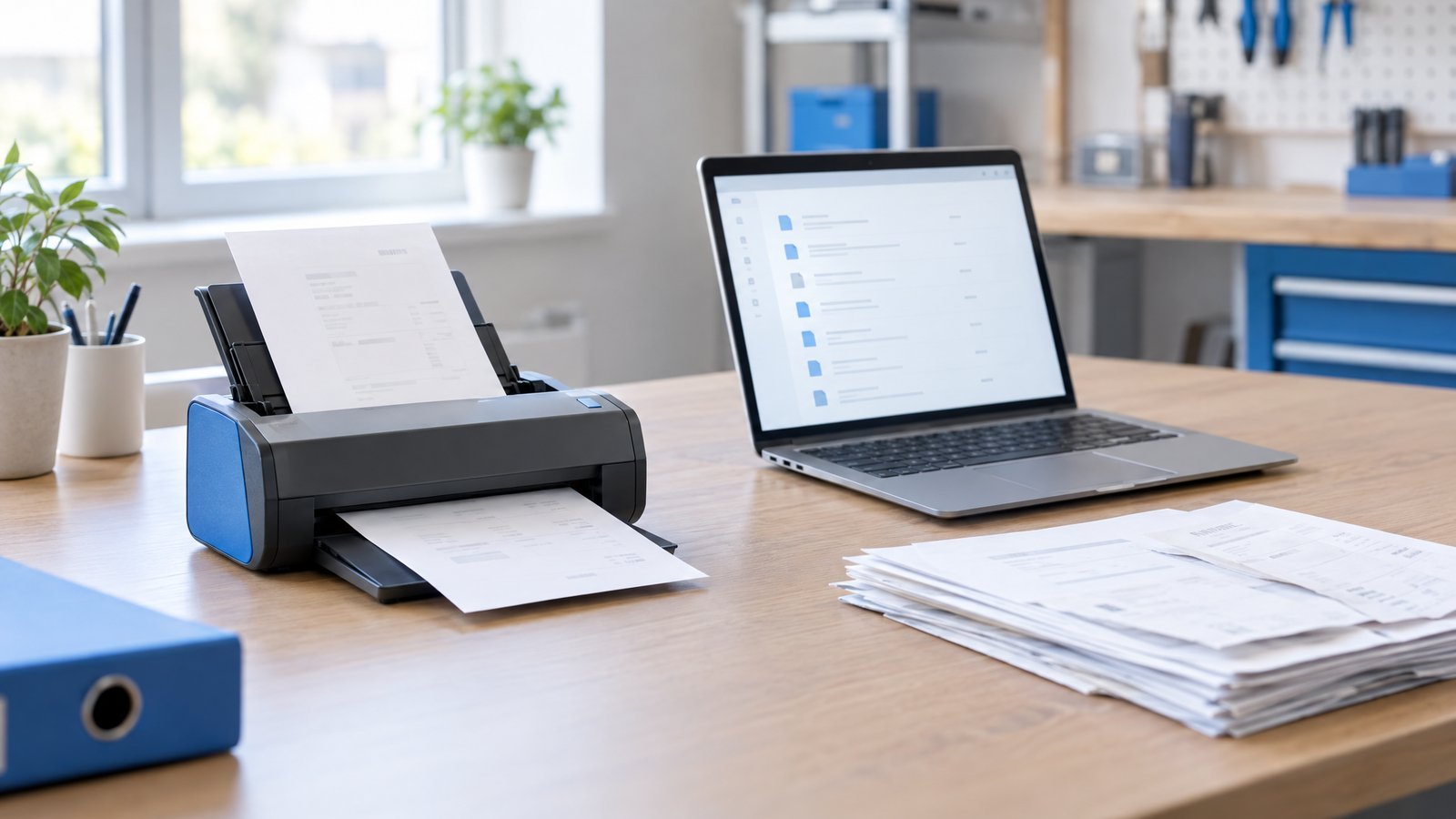 Paperless Handwerk: Handwerker scannt Papierbeleg mit Smartphone für digitales Archiv