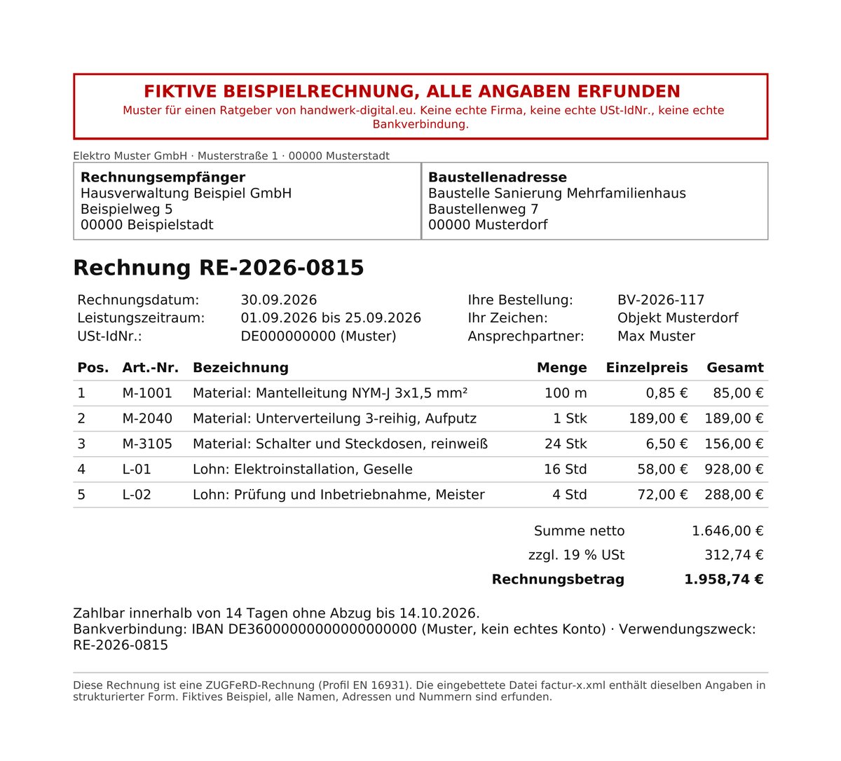Beispiel ZUGFeRD-Rechnung eines Elektrobetriebs (fiktiv)